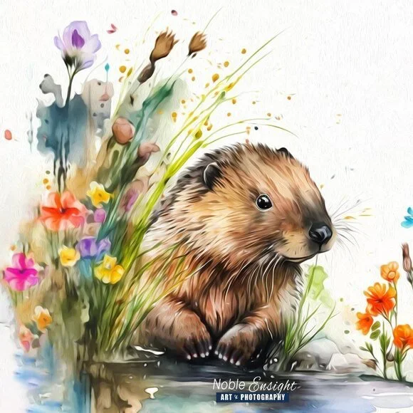 16x20 Beaver in Pond with Flowers Watercolor Oil‎ Painting Wall Art Print - Picture 3 of 5